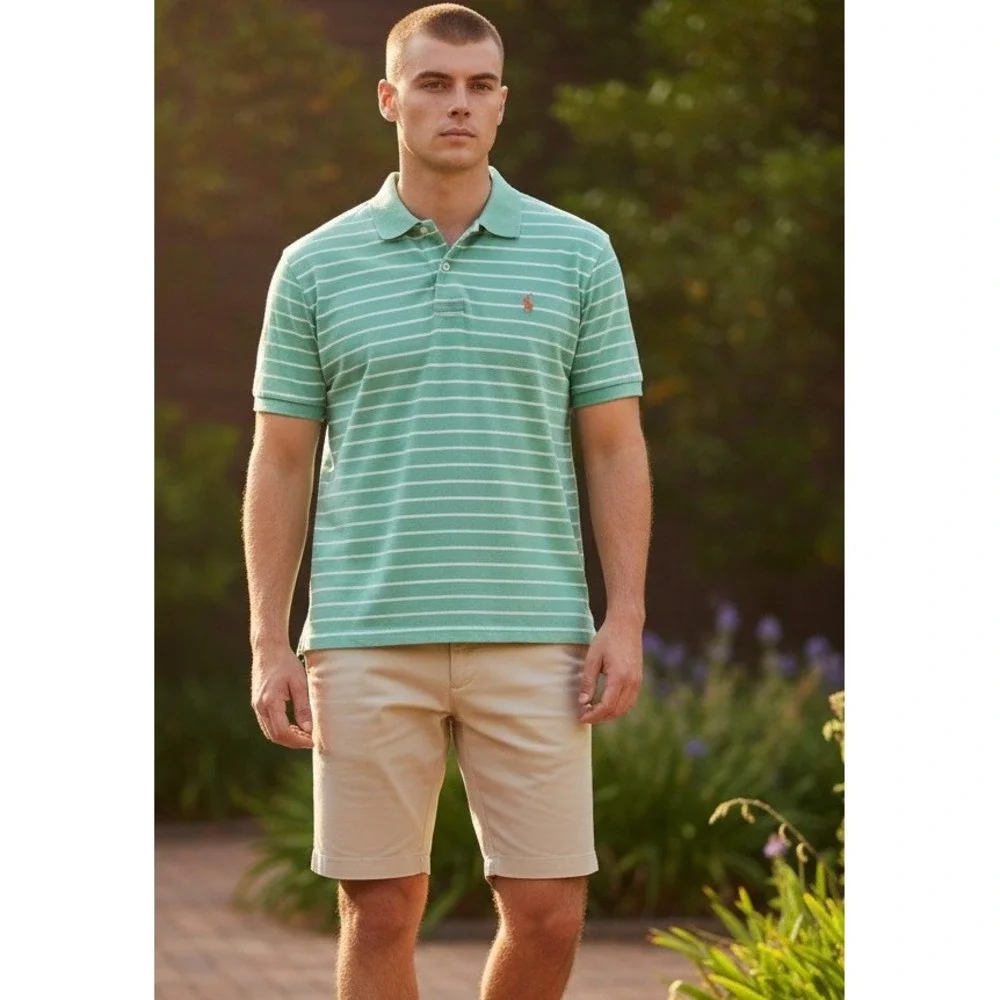 Polo Ralph Lauren Mens L Soft Slim Fit Stripe Polo Shirt Seafoam Green Excellent